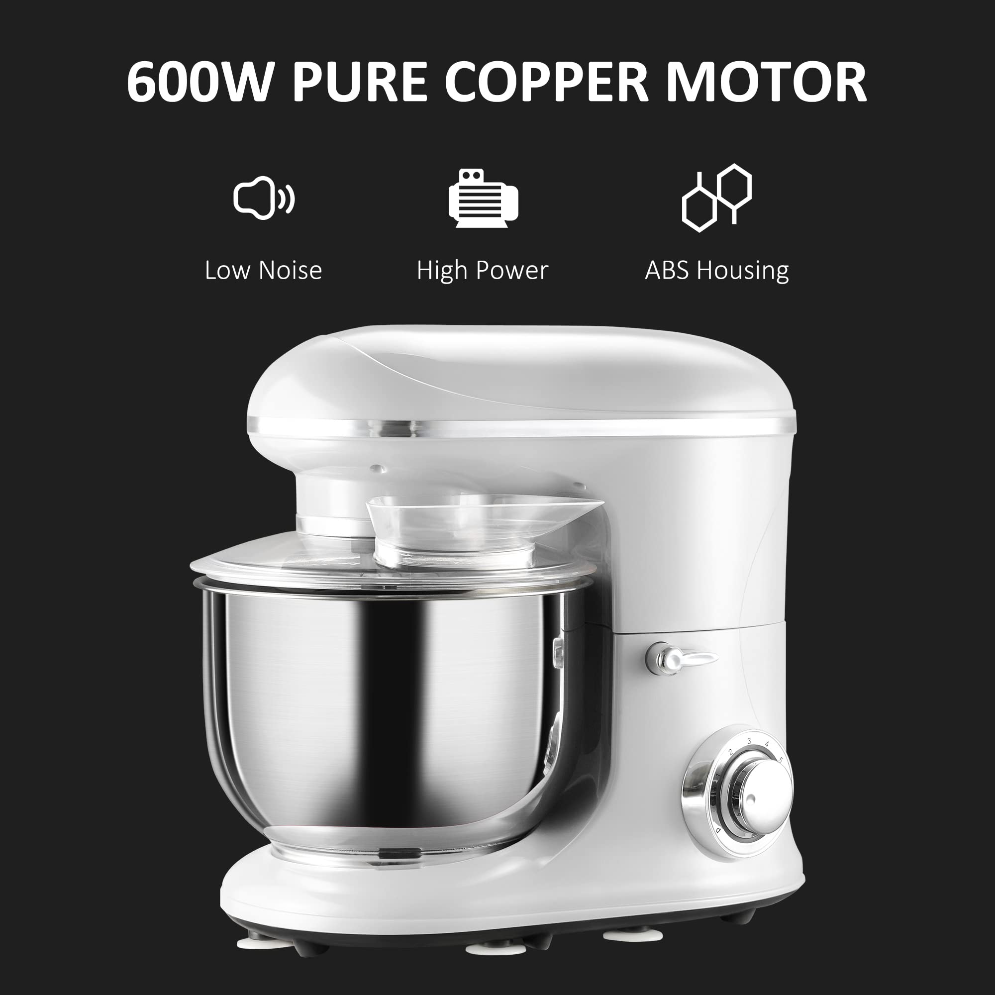 HOMCOM Stand Mixer with 6+1P Speed, 600W Tilt Head Kitchen Electric Mixer with 6 Qt Stainless Steel Mixing Bowl, Beater, Dough Hook and Splash Guard for Baking Bread, Cakes, and Cookies, Silver