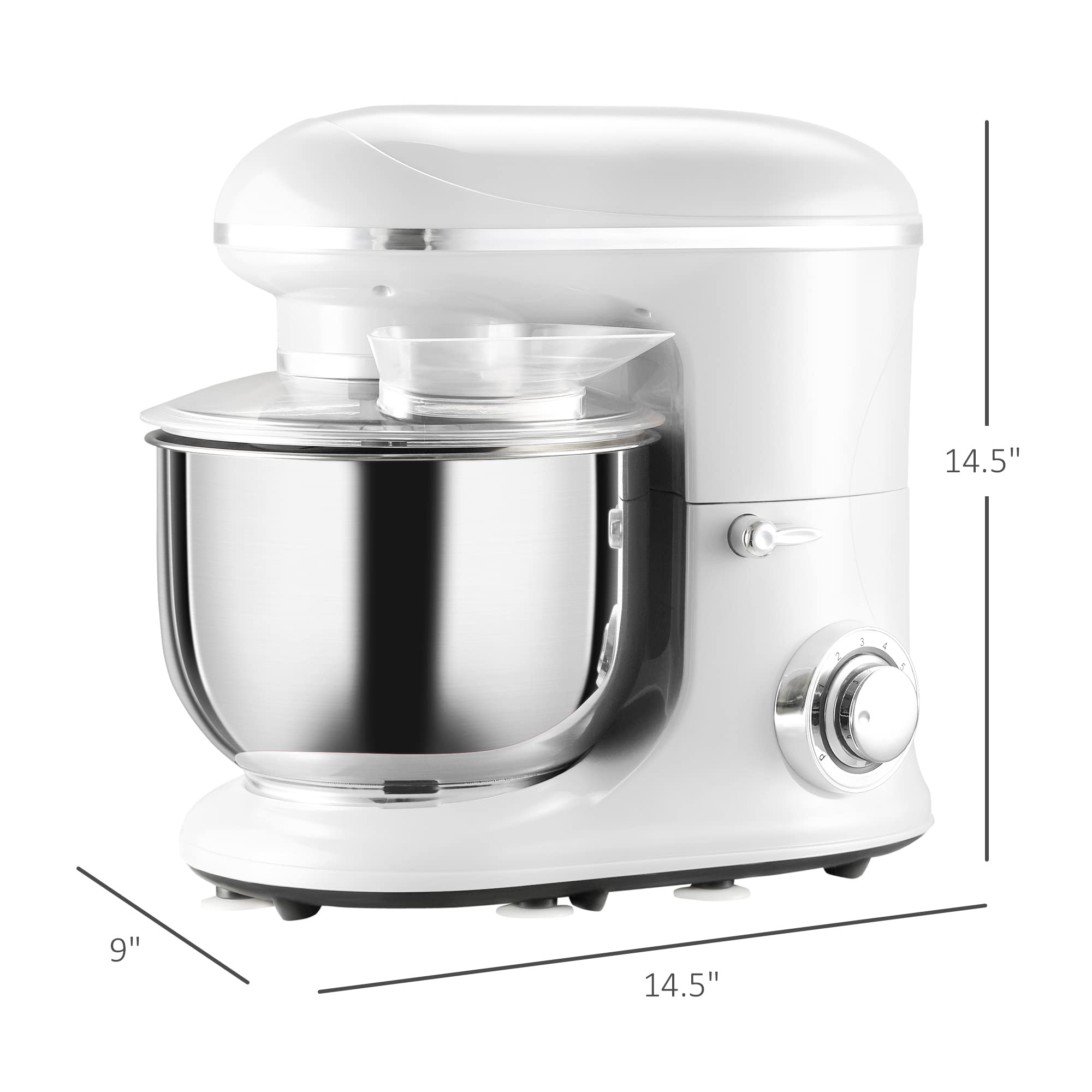 HOMCOM Stand Mixer with 6+1P Speed, 600W Tilt Head Kitchen Electric Mixer with 6 Qt Stainless Steel Mixing Bowl, Beater, Dough Hook and Splash Guard for Baking Bread, Cakes, and Cookies, Silver