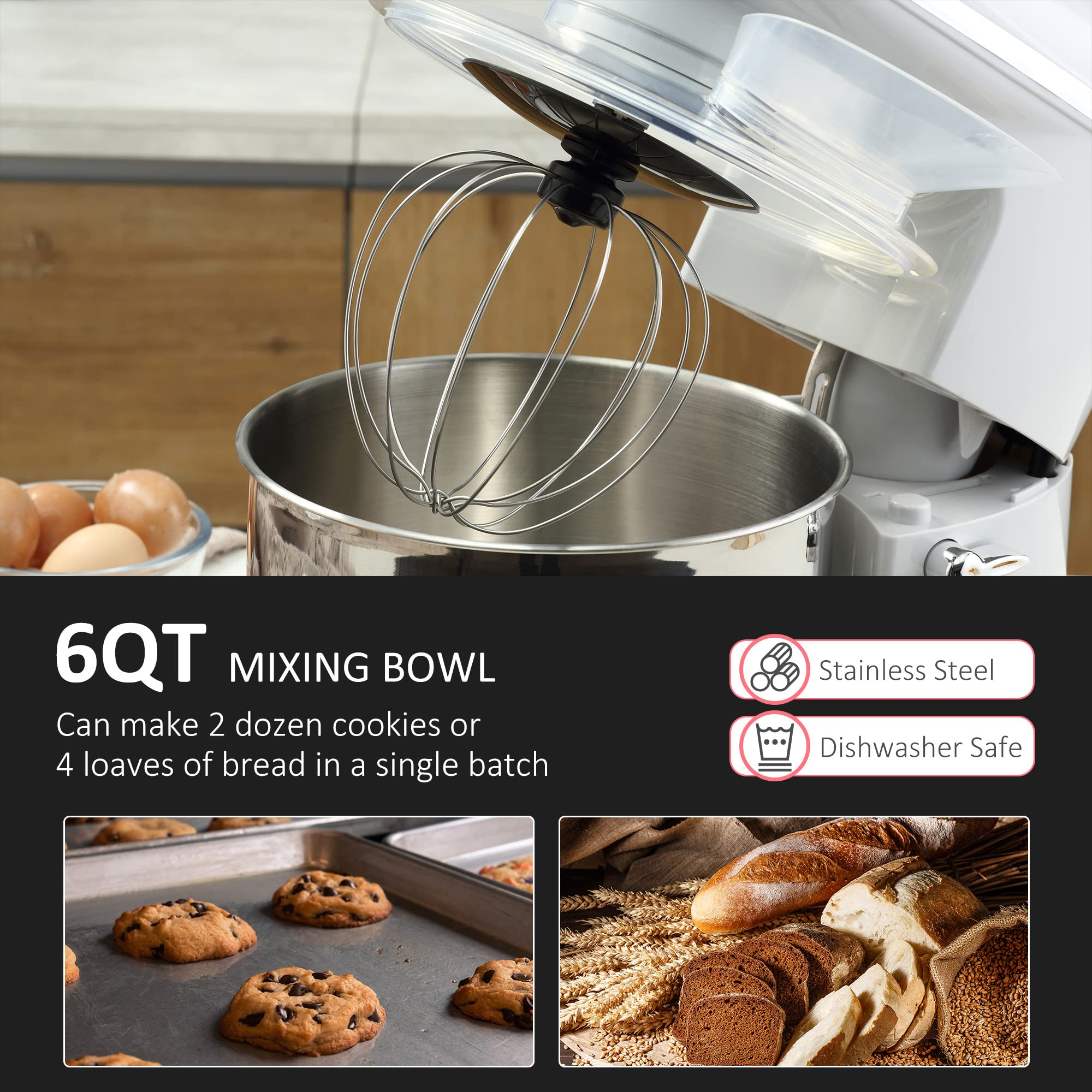 HOMCOM Stand Mixer with 6+1P Speed, 600W Tilt Head Kitchen Electric Mixer with 6 Qt Stainless Steel Mixing Bowl, Beater, Dough Hook and Splash Guard for Baking Bread, Cakes, and Cookies, Silver