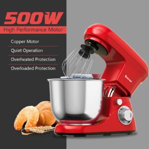 COSTWAY Stand Mixer, 6-Speed Tilt-Head Stand Mixer, 500W, Kitchen Electric Mixer with Dough Hook, Beater, Whisk, 5.3 Quart Stainless Steel Mixing Bowl and Splash Guard (Red)