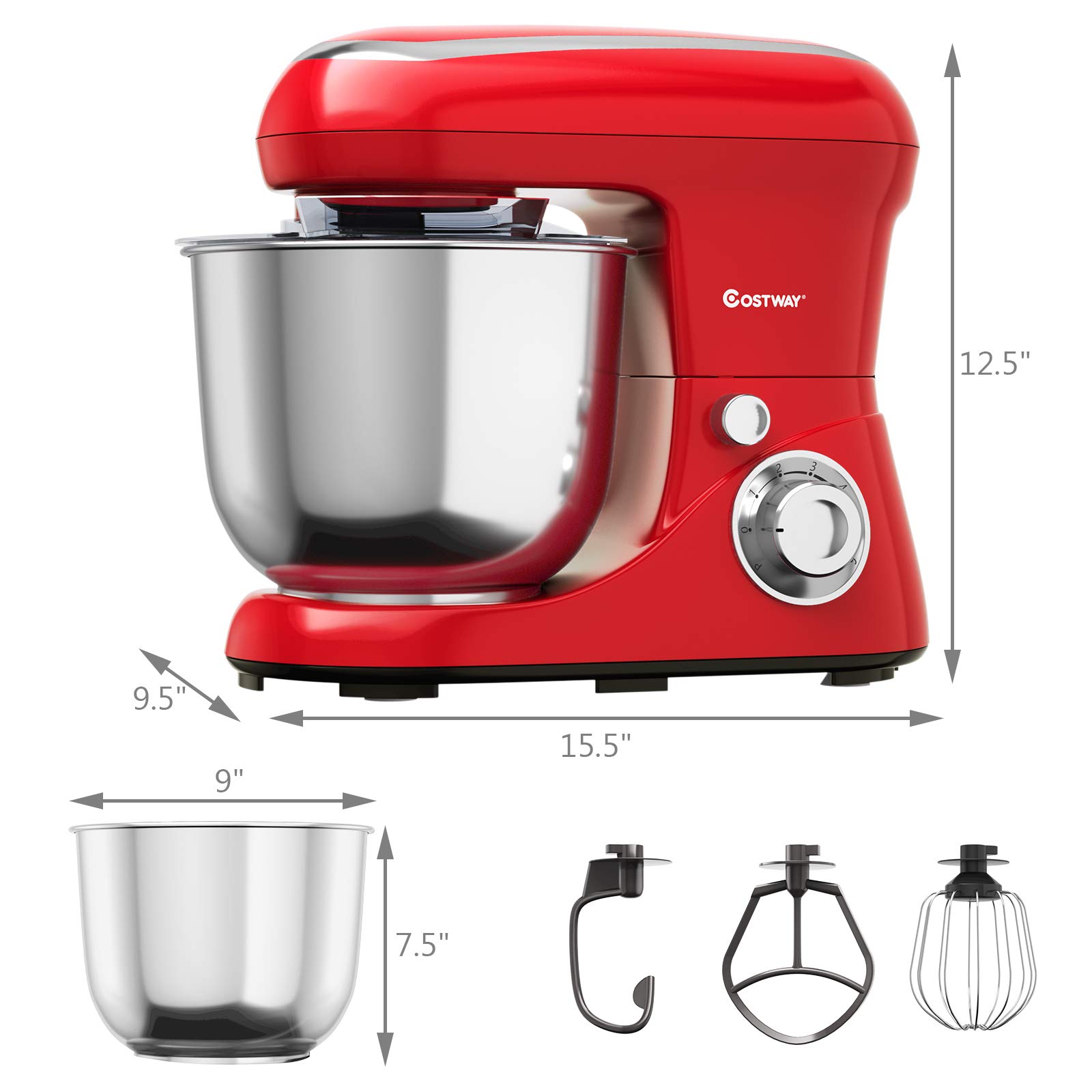 COSTWAY Stand Mixer, 6-Speed Tilt-Head Stand Mixer, 500W, Kitchen Electric Mixer with Dough Hook, Beater, Whisk, 5.3 Quart Stainless Steel Mixing Bowl and Splash Guard (Red)