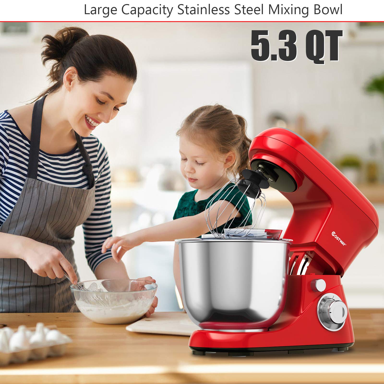 COSTWAY Stand Mixer, 6-Speed Tilt-Head Stand Mixer, 500W, Kitchen Electric Mixer with Dough Hook, Beater, Whisk, 5.3 Quart Stainless Steel Mixing Bowl and Splash Guard (Red)