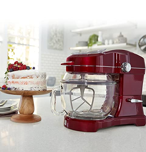 Kenmore Elite Ovation Electric Stand Mixer 5 Qt 500 Watt 10-Speed Motor Revolutionary Pour-In Top Tilt Head Beater Whisk Dough Hook Planetary Mixing 360-Degree Splash Guard Glass Bowl with Lid, Red