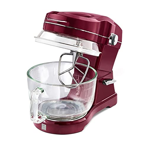 Kenmore Elite Ovation Electric Stand Mixer 5 Qt 500 Watt 10-Speed Motor Revolutionary Pour-In Top Tilt Head Beater Whisk Dough Hook Planetary Mixing 360-Degree Splash Guard Glass Bowl with Lid, Red