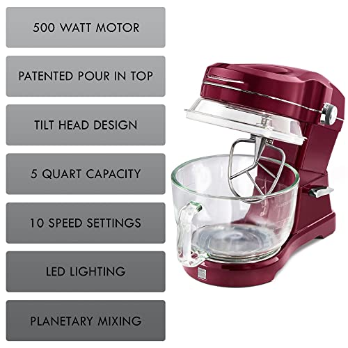 Kenmore Elite Ovation Electric Stand Mixer 5 Qt 500 Watt 10-Speed Motor Revolutionary Pour-In Top Tilt Head Beater Whisk Dough Hook Planetary Mixing 360-Degree Splash Guard Glass Bowl with Lid, Red