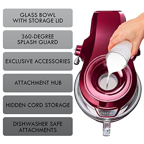 Kenmore Elite Ovation Electric Stand Mixer 5 Qt 500 Watt 10-Speed Motor Revolutionary Pour-In Top Tilt Head Beater Whisk Dough Hook Planetary Mixing 360-Degree Splash Guard Glass Bowl with Lid, Red