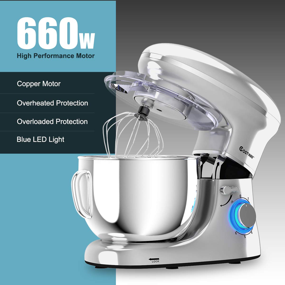 COSTWAY Stand Mixer, 660W Electric Kitchen Food Mixer with 6-Speed Control, 6.3-Quart Stainless Steel Bowl, Dough Hook, Beater, Whisk (Silver-update)