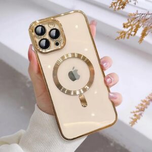 ziye magnetic case for iphone 14 pro max case [compatible with magsafe] camera lens protector plating luxury cover for women men clear soft tpu shockproof protective phone case - gold