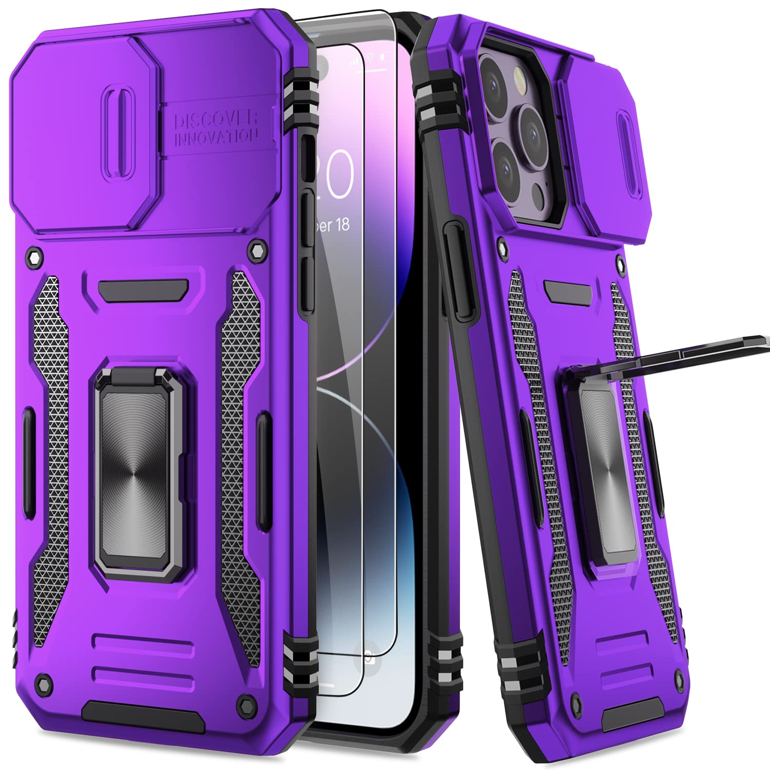 AUPAI iPhone 14 Pro Max Case with Camera Cover,iPhone 14 Pro Max Cover with Screen Protector Heavy Duty Military Grade Protective Phone Case with Kickstand for Apple iPhone 14 Pro Max Purple