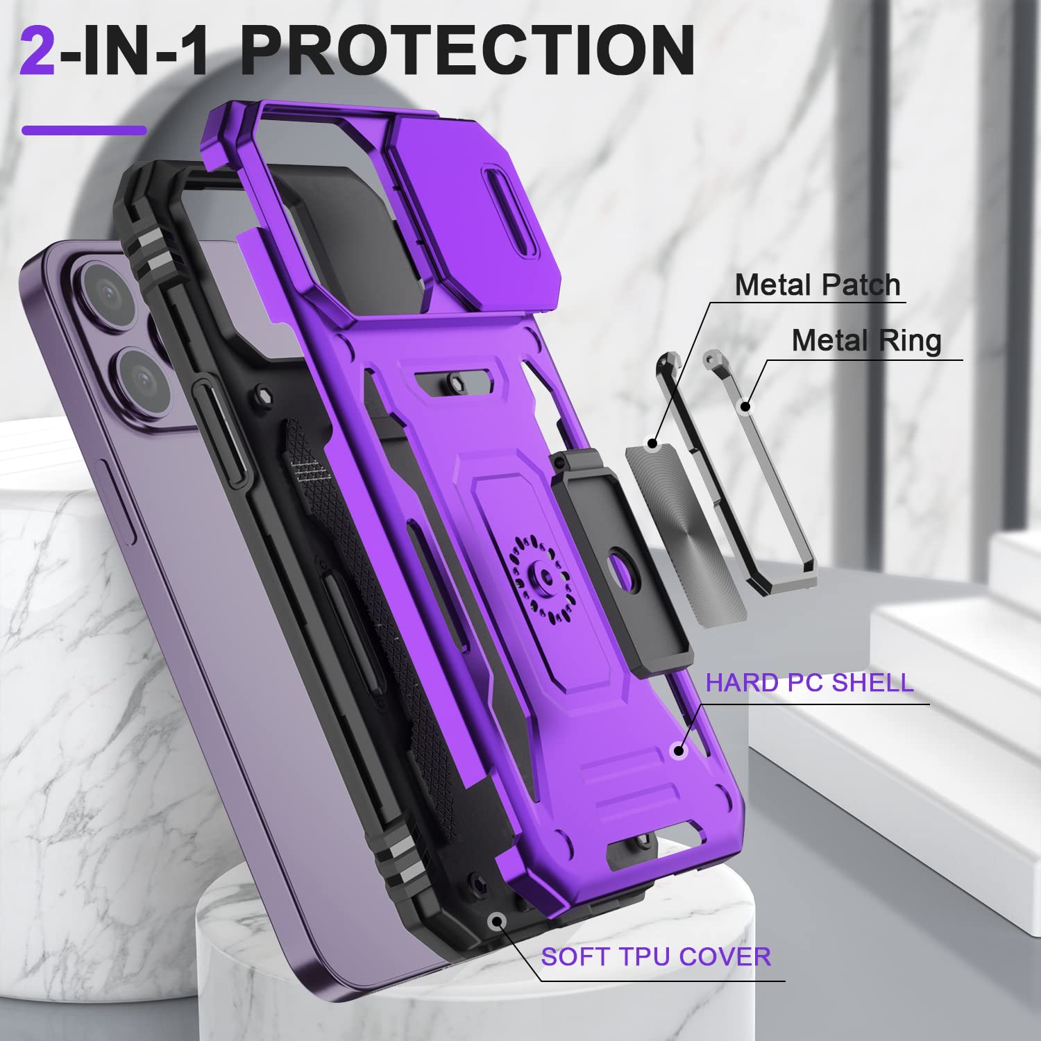 AUPAI iPhone 14 Pro Max Case with Camera Cover,iPhone 14 Pro Max Cover with Screen Protector Heavy Duty Military Grade Protective Phone Case with Kickstand for Apple iPhone 14 Pro Max Purple