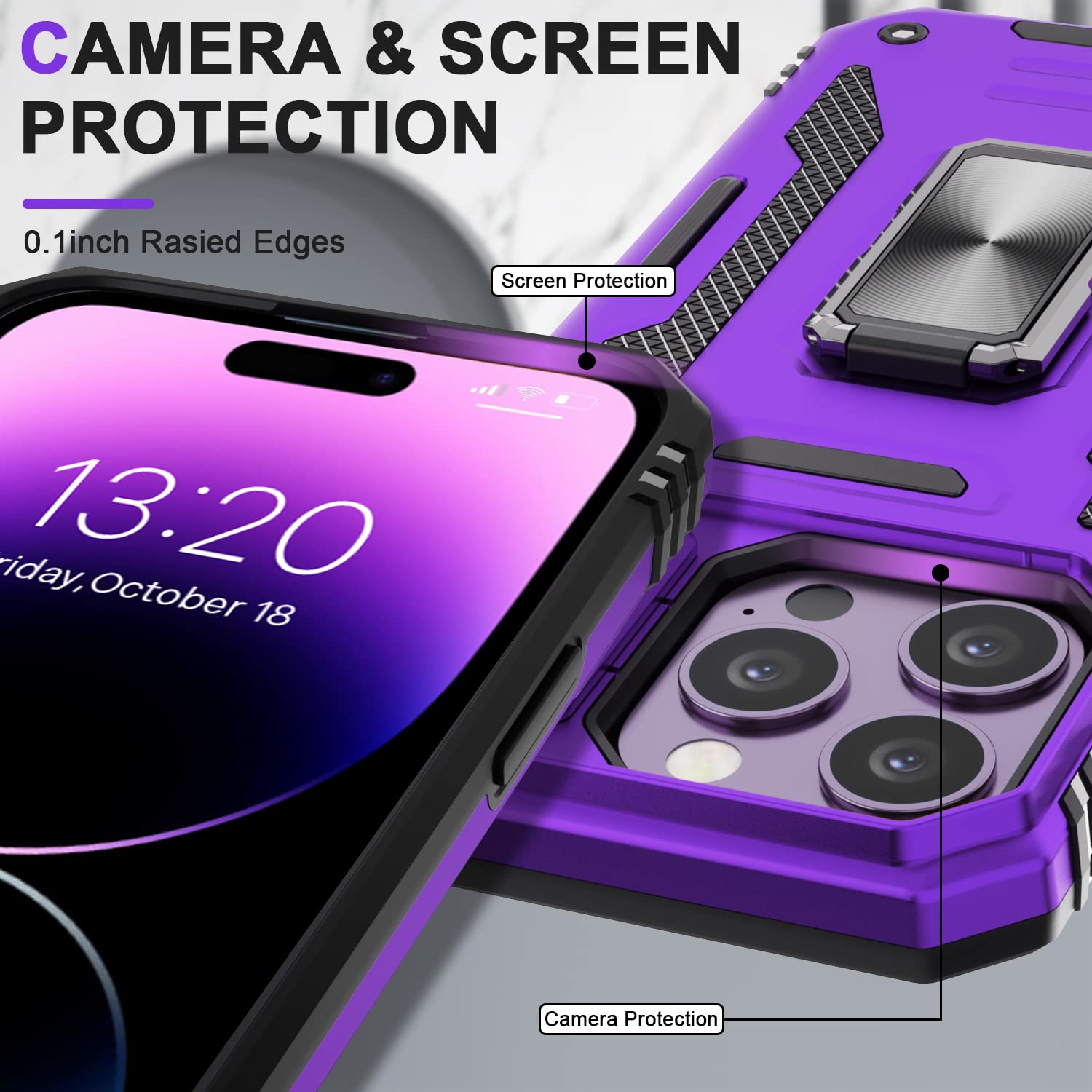 AUPAI iPhone 14 Pro Max Case with Camera Cover,iPhone 14 Pro Max Cover with Screen Protector Heavy Duty Military Grade Protective Phone Case with Kickstand for Apple iPhone 14 Pro Max Purple