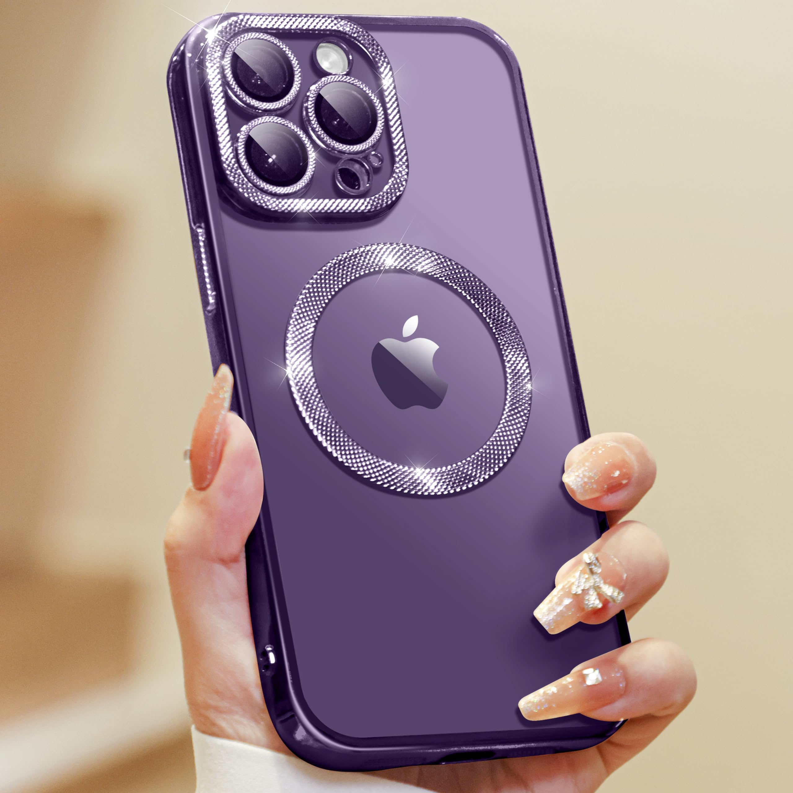 HiDog for iPhone 14 Pro Max Case with Integrated Camera Lens Protector [Unique Diamond Texture Design] [Super Strong Magnetic] Official Color Match Slim Phone Case for Women Girls, Purple Titanium