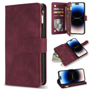 ZZXX iPhone 14 Pro Max Case Wallet with [RFID Blocking] Card Slot Soft PU Leather Zipper Flip Folio with Wrist Strap Kickstand Protective Cover for iPhone 14 Pro Max Wallet Case(Wine Red-6.7 inch)