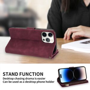 ZZXX iPhone 14 Pro Max Case Wallet with [RFID Blocking] Card Slot Soft PU Leather Zipper Flip Folio with Wrist Strap Kickstand Protective Cover for iPhone 14 Pro Max Wallet Case(Wine Red-6.7 inch)