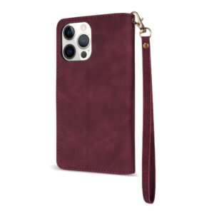 ZZXX iPhone 14 Pro Max Case Wallet with [RFID Blocking] Card Slot Soft PU Leather Zipper Flip Folio with Wrist Strap Kickstand Protective Cover for iPhone 14 Pro Max Wallet Case(Wine Red-6.7 inch)