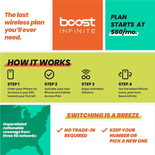 Boost Infinite iPhone 15 (256 GB) — Green [Locked]. Requires unlimited plan starting at $60/mo.