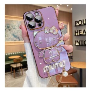 Fancy Kitty Phone Case for Iphone14 Pro Max, 6D Plating MIUMIU with Kickstand Designer Makeup Mirror case, Luxury Girly for Woman Full Camera Coverage,Glossy, Hands-Free (Purple)