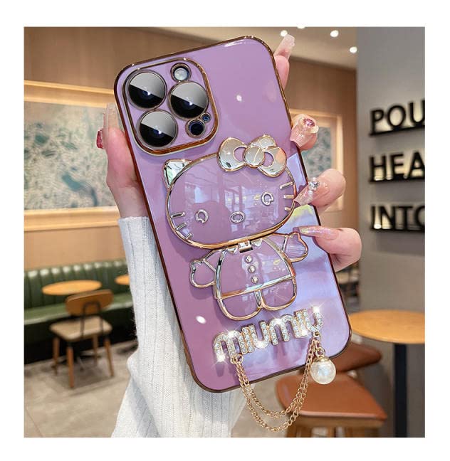 Fancy Kitty Phone Case for Iphone14 Pro Max, 6D Plating MIUMIU with Kickstand Designer Makeup Mirror case, Luxury Girly for Woman Full Camera Coverage,Glossy, Hands-Free (Purple)