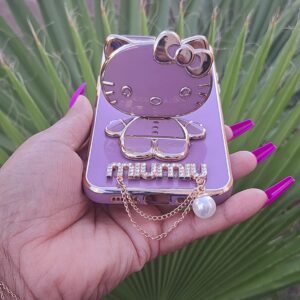 Fancy Kitty Phone Case for Iphone14 Pro Max, 6D Plating MIUMIU with Kickstand Designer Makeup Mirror case, Luxury Girly for Woman Full Camera Coverage,Glossy, Hands-Free (Purple)