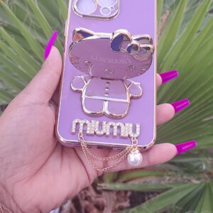 Fancy Kitty Phone Case for Iphone14 Pro Max, 6D Plating MIUMIU with Kickstand Designer Makeup Mirror case, Luxury Girly for Woman Full Camera Coverage,Glossy, Hands-Free (Purple)