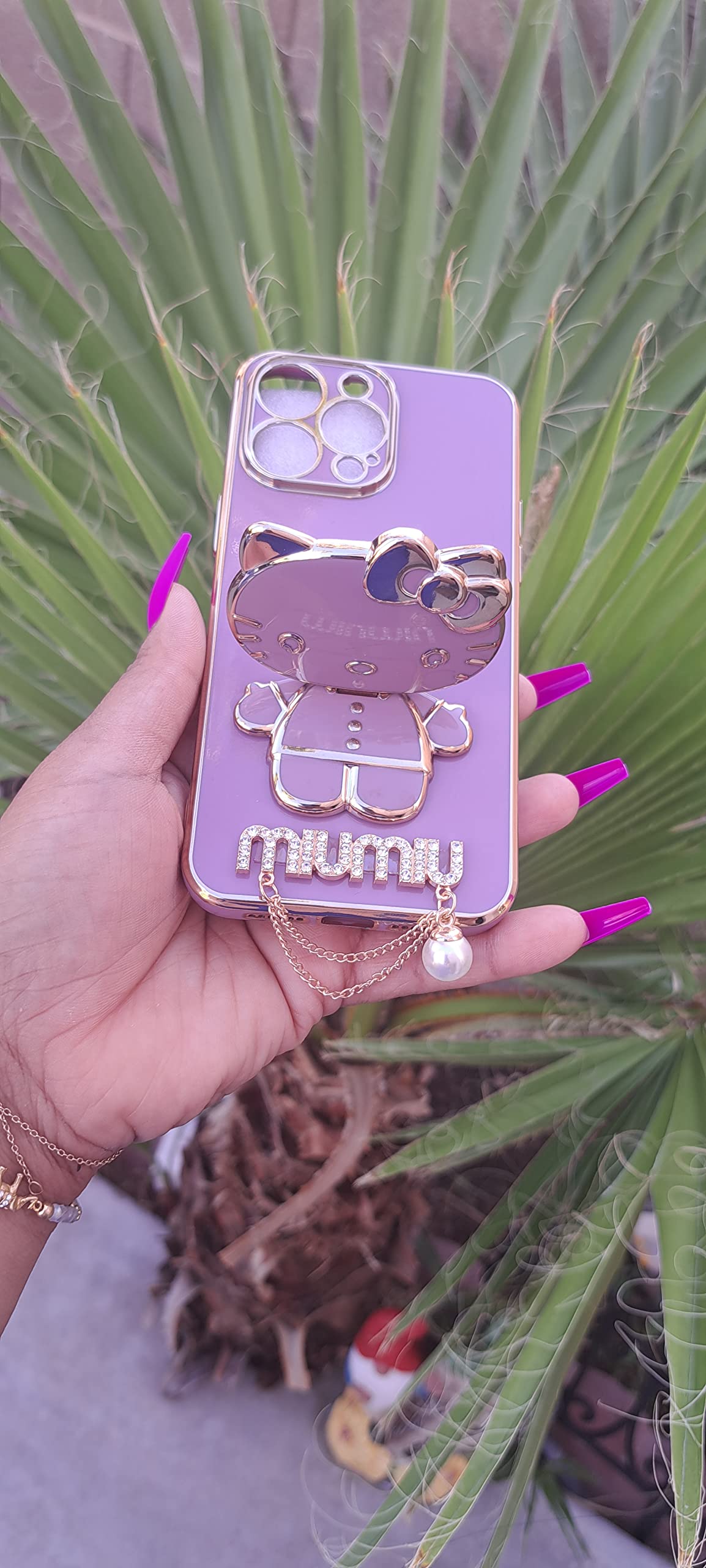 Fancy Kitty Phone Case for Iphone14 Pro Max, 6D Plating MIUMIU with Kickstand Designer Makeup Mirror case, Luxury Girly for Woman Full Camera Coverage,Glossy, Hands-Free (Purple)