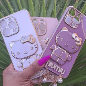 Fancy Kitty Phone Case for Iphone14 Pro Max, 6D Plating MIUMIU with Kickstand Designer Makeup Mirror case, Luxury Girly for Woman Full Camera Coverage,Glossy, Hands-Free (Purple)