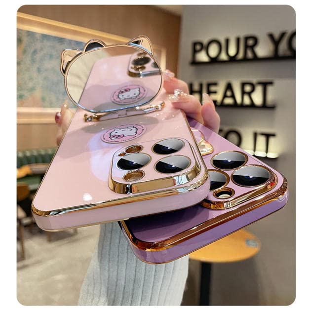 Fancy Kitty Phone Case for Iphone14 Pro Max, 6D Plating MIUMIU with Kickstand Designer Makeup Mirror case, Luxury Girly for Woman Full Camera Coverage,Glossy, Hands-Free (Purple)