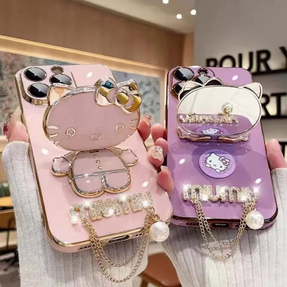 Fancy Kitty Phone Case for Iphone14 Pro Max, 6D Plating MIUMIU with Kickstand Designer Makeup Mirror case, Luxury Girly for Woman Full Camera Coverage,Glossy, Hands-Free (Purple)