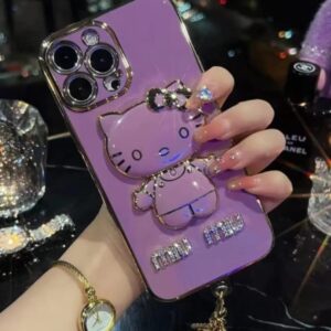 fancy kitty phone case for iphone14 pro max, 6d plating miumiu with wrislet beaded staps keyring, mirror with kickstand design, luxury and girly, glossy, hands-free (purple)