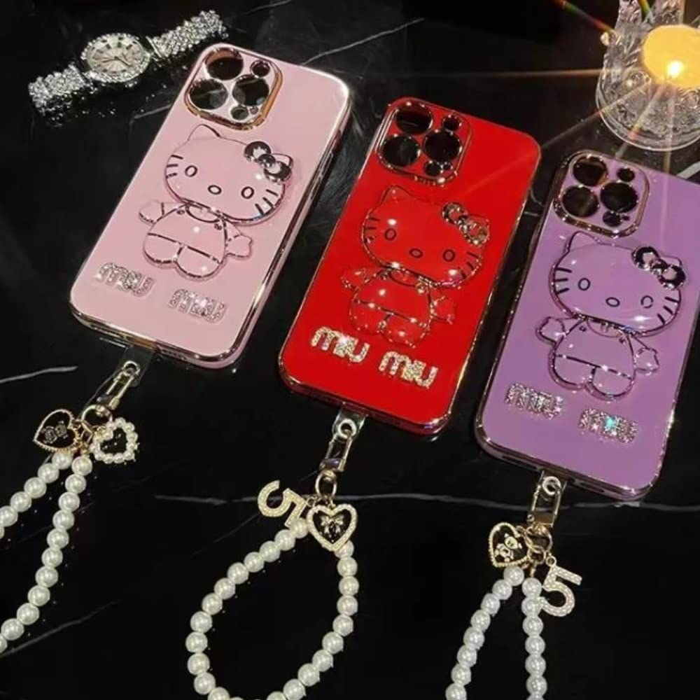 Fancy Kitty Phone Case for Iphone14 Pro Max, 6D Plating MIUMIU with Wrislet Beaded Staps Keyring, Mirror with Kickstand Design, Luxury and Girly, Glossy, Hands-Free (Purple)