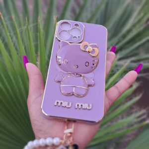 Fancy Kitty Phone Case for Iphone14 Pro Max, 6D Plating MIUMIU with Wrislet Beaded Staps Keyring, Mirror with Kickstand Design, Luxury and Girly, Glossy, Hands-Free (Purple)