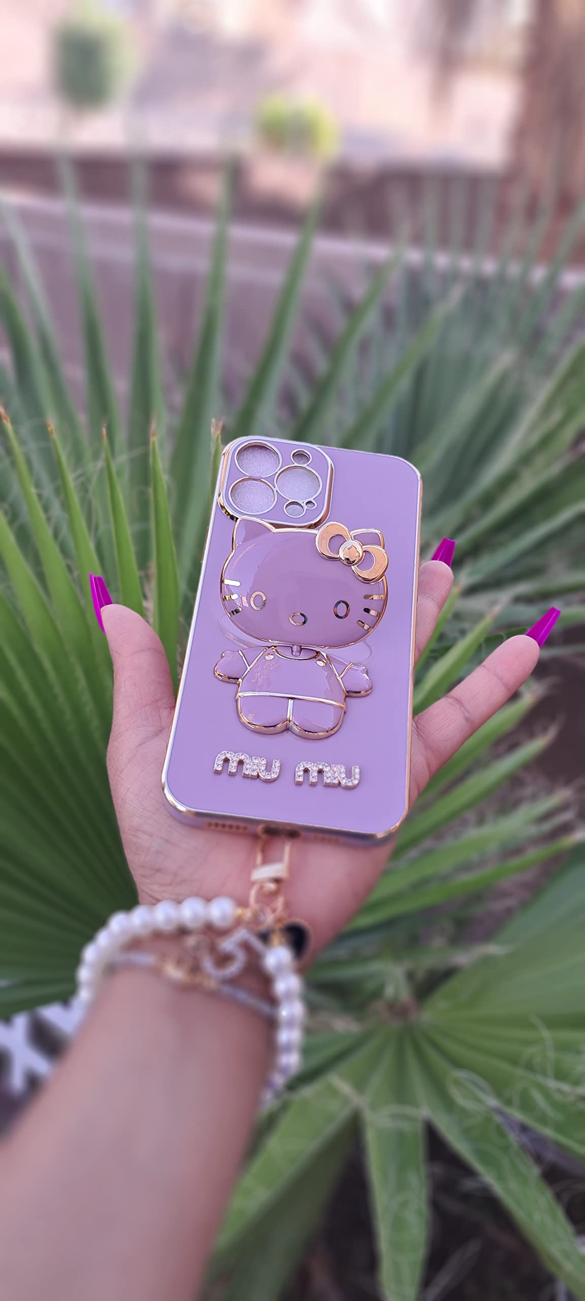 Fancy Kitty Phone Case for Iphone14 Pro Max, 6D Plating MIUMIU with Wrislet Beaded Staps Keyring, Mirror with Kickstand Design, Luxury and Girly, Glossy, Hands-Free (Purple)