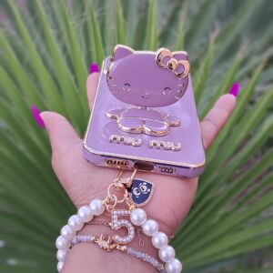 Fancy Kitty Phone Case for Iphone14 Pro Max, 6D Plating MIUMIU with Wrislet Beaded Staps Keyring, Mirror with Kickstand Design, Luxury and Girly, Glossy, Hands-Free (Purple)