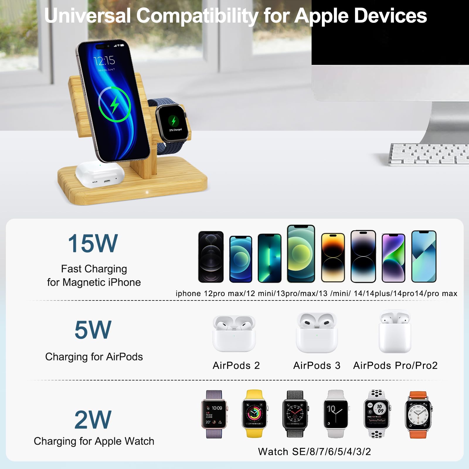 Wireless Charging Station for Apple Devices, 3 in 1 Bamboo Charger Stand, 20W Fast Magnetic Wireless Charger for iPhone 15/14/13/12 Pro/Pro Max/Plus/Mini, AirPods 3/2/Pro, iWatch /7/6/SE/5/4/3/2