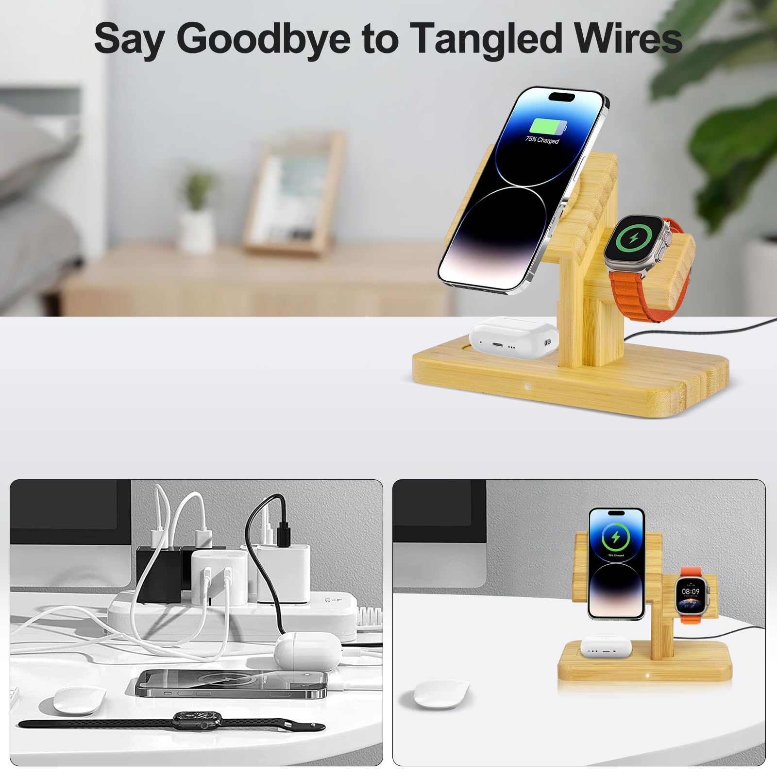 Wireless Charging Station for Apple Devices, 3 in 1 Bamboo Charger Stand, 20W Fast Magnetic Wireless Charger for iPhone 15/14/13/12 Pro/Pro Max/Plus/Mini, AirPods 3/2/Pro, iWatch /7/6/SE/5/4/3/2