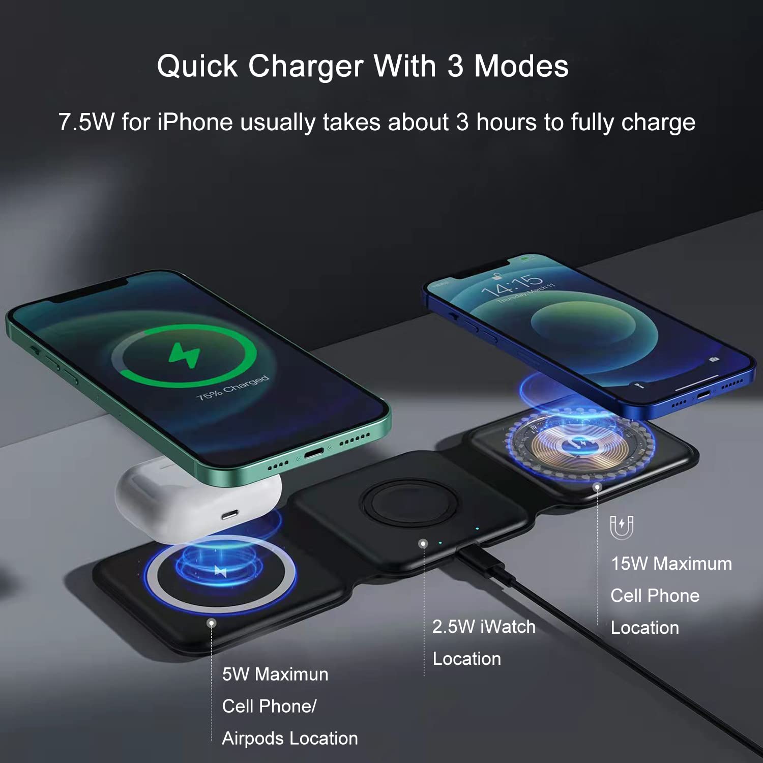 ZEROGOGO 3 in 1 Wireless Charger Station for Apple Multiple Devices, Magnetic Foldable Charging Pad, Compatible with iPhone 14/Pro/Max/Plus/13/12, iWatch, AirPods 3/2/Pro (PD20W Adapter Included)