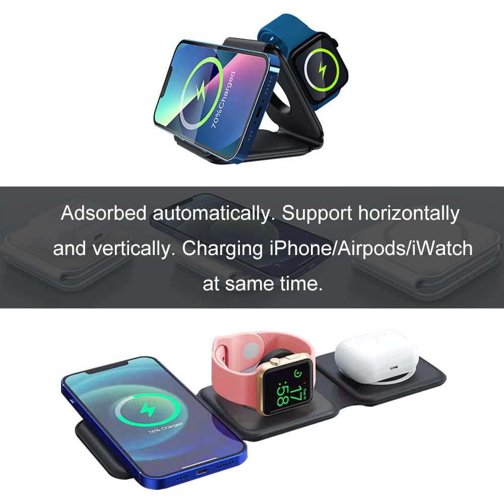 ZEROGOGO 3 in 1 Wireless Charger Station for Apple Multiple Devices, Magnetic Foldable Charging Pad, Compatible with iPhone 14/Pro/Max/Plus/13/12, iWatch, AirPods 3/2/Pro (PD20W Adapter Included)