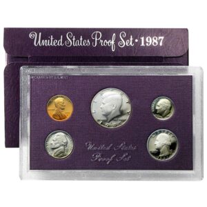 1987 s united states proof set in government packaging * lincoln cent * jefferson nickel * roosevelt dime * washington quarter * kennedy half dollar us mint proof