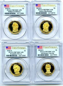 2010 s fillmore buchanan pierce lincoln dollar set first strike proof pcgs pr-70