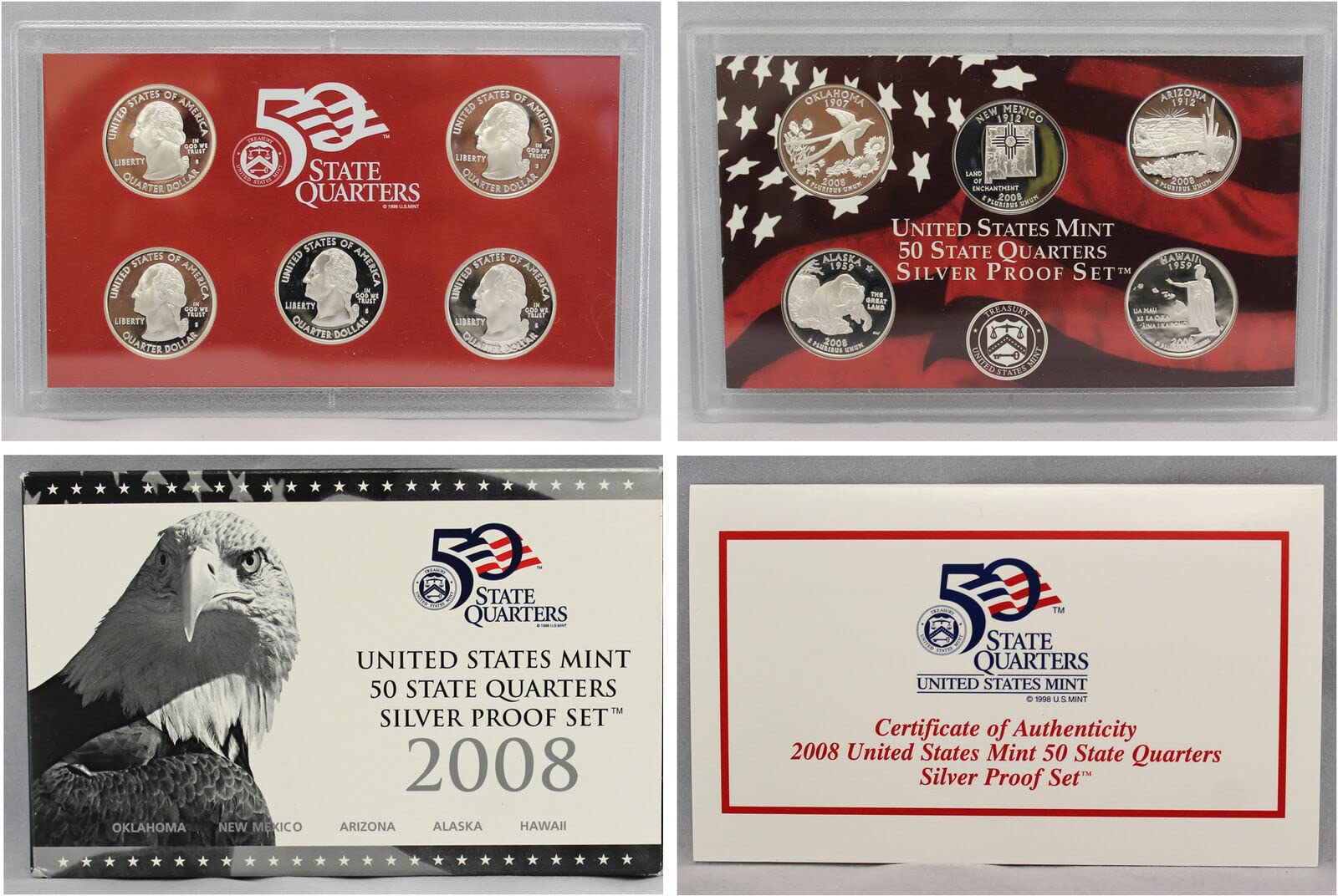 2008 S 2008 S Proof State Quarter Set 90% Silver No Box or COA 5 Coins US Mint Quarter US Mint Proof