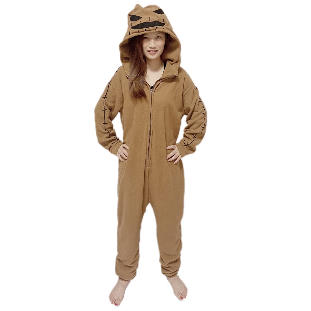 WOSHOW Adult Oogie Boogie Costume Onesie Pajamas Animal Sleepwear Cosplay Costume Halloween Christmas Jumpsuit (XL) Brown X-Large