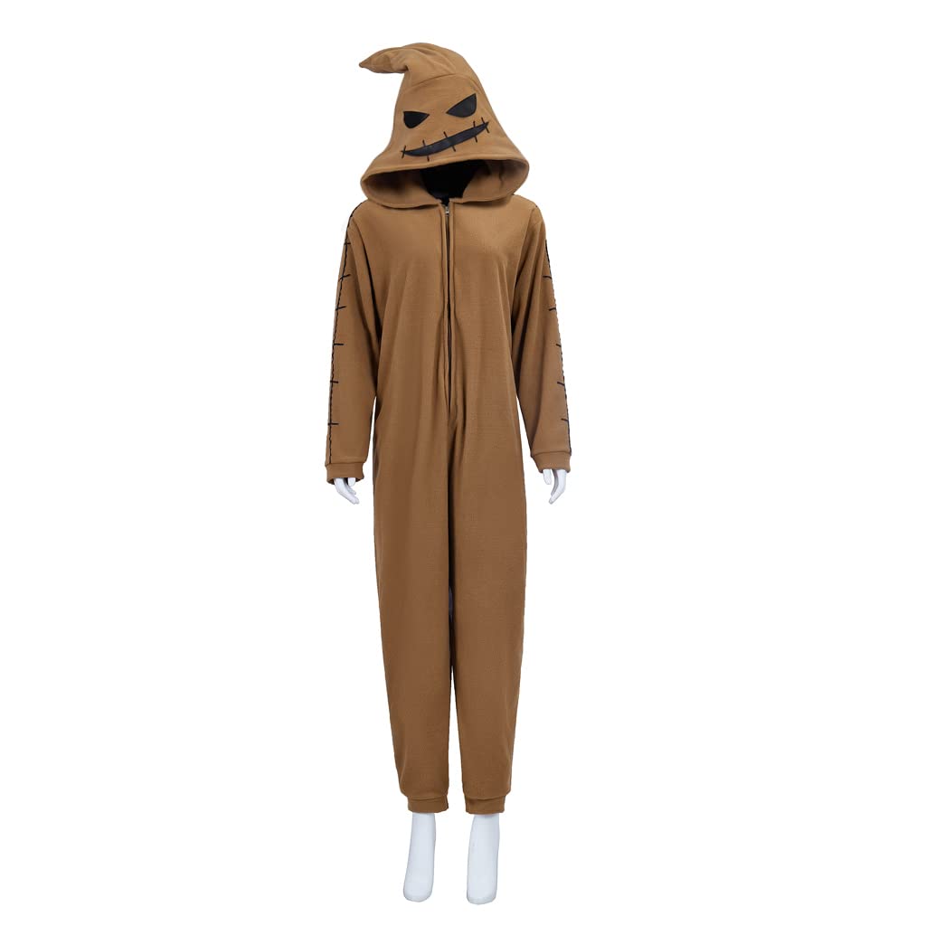 WOSHOW Adult Oogie Boogie Costume Onesie Pajamas Animal Sleepwear Cosplay Costume Halloween Christmas Jumpsuit (XL) Brown X-Large