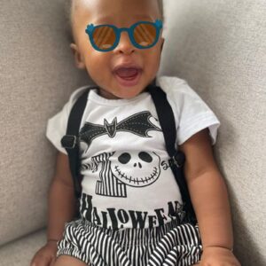 My First Halloween Outfit Baby Boy Newborn Gentleman Suspender Romper and Skull Bottom Halloween Clothing (Skull Striped, 0-3 Months)