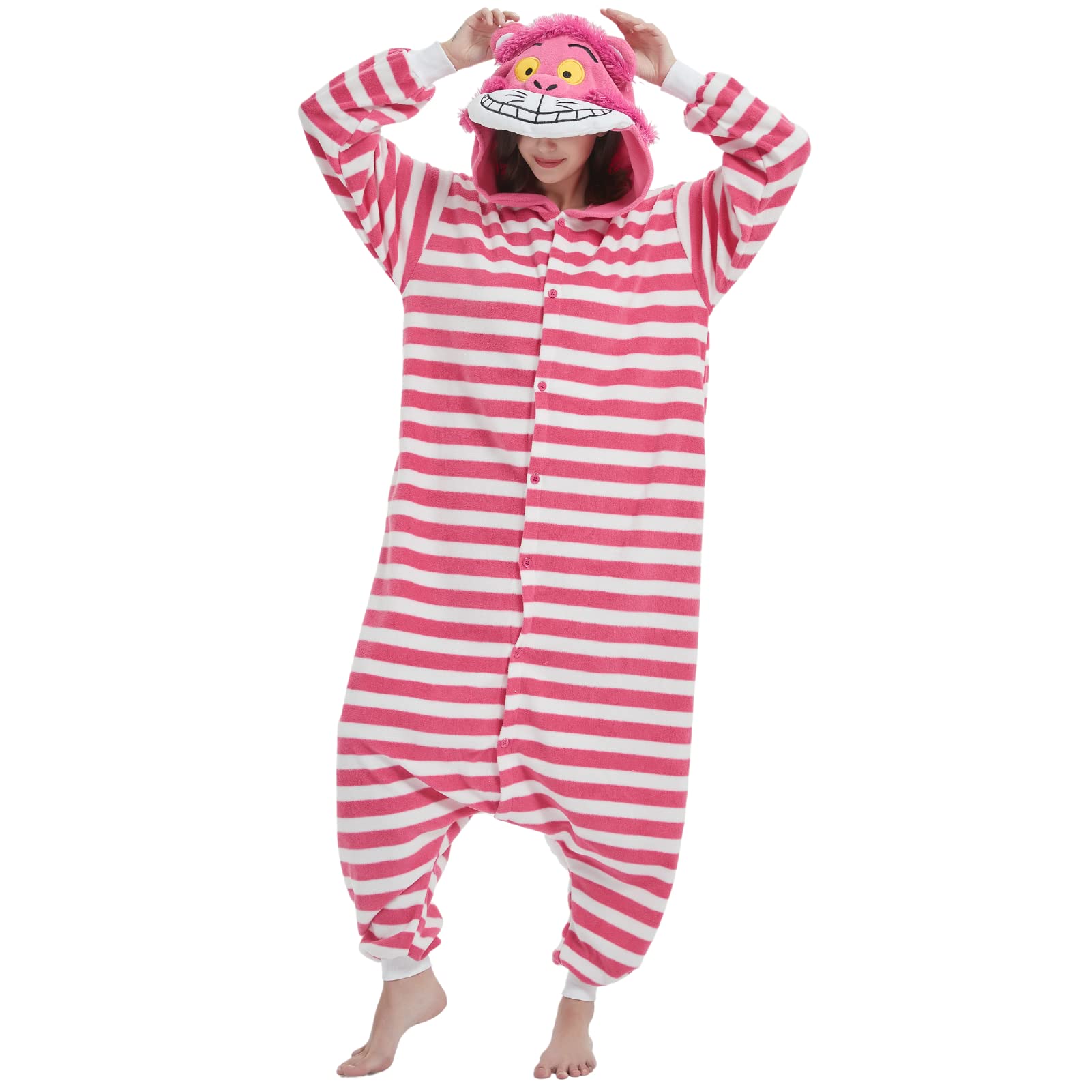 RESSBER Unisex Adult Onesie Pajamas Animal One Piece Halloween Costume Christmas Sleepwear Jumpsuit（Large，Pink Cheshire Cat）