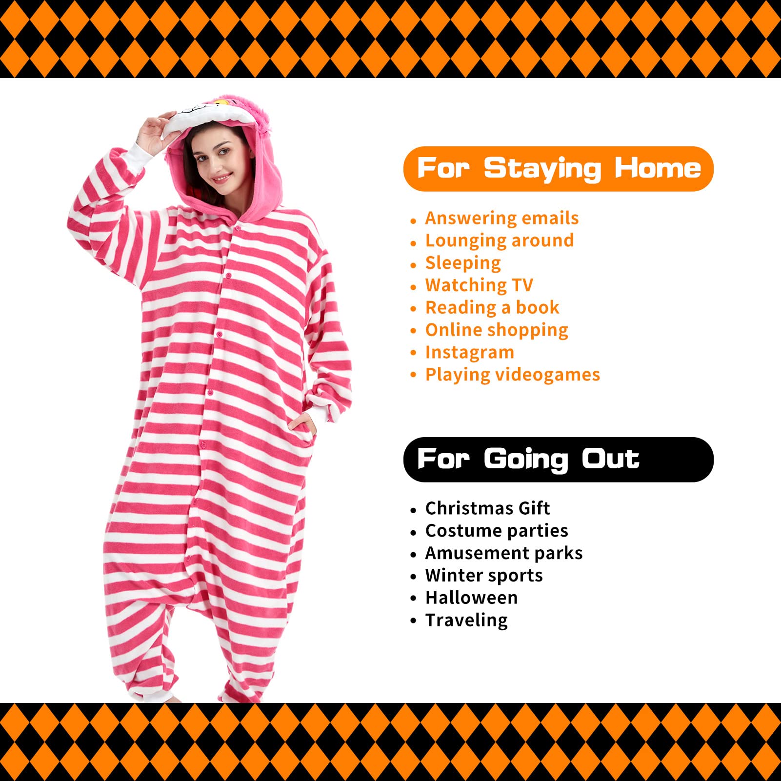 RESSBER Unisex Adult Onesie Pajamas Animal One Piece Halloween Costume Christmas Sleepwear Jumpsuit（Large，Pink Cheshire Cat）