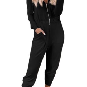 PRETTYGARDEN Women's Casual Long Sleeve Hooded Jumpsuits Zip Up One Piece Outfit Romper with Pockets (Black,Medium)