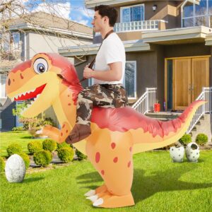 COMIN Inflatable Dinosaur Costume for Adults Inflatable Ride on Costume Blow Up Trex Costume Dino Inflatable Orange Costume for Halloween Party