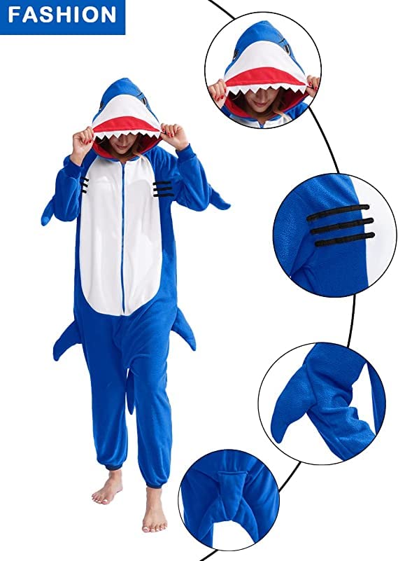 vavalad Adult Shark Onesie Pajamas Unisex Animal Cosplay Costume One Piece for Women and Men