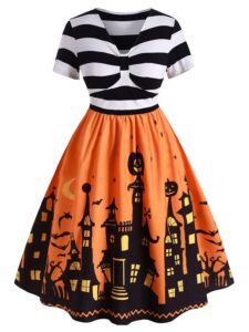 zezclo women's plus size halloween dress funny striped pumpkin halloween costume flared dresses orange 3xl