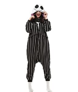 jack skellington costume onesie adult nightmare cosplay halloween christmas stripe pajama jumpsuit (us, alpha, medium, regular, regular, stripe)